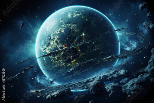 Futuristic Planet with Asteroids in a Dramatic Cosmic Landscape