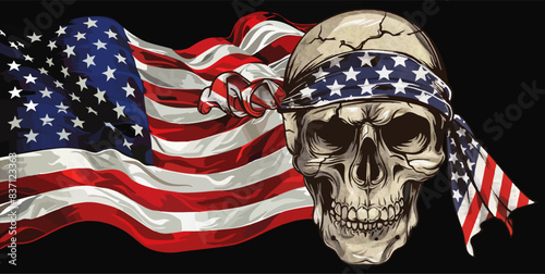 Vector drawing for t-shirt. 
Human skull with american flag 
tied in bandana on head on black background. 
Fashionable print for fabric, paper, men clothing.
T shirt design. Jolly Roger, pirate symbol