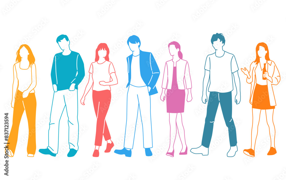 Group men and women walk, different colors, cartoon character, silhouettes walking, people, design concept of flat icon, hand draw vector illustration,isolated on white background Group men and women walk, different colors, cartoon character, silhouettes walking, people, design concept of flat icon, hand draw vector illustration,isolated on white background