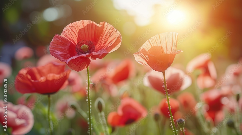 Fototapeta premium Red Poppies in Sunset Glow - A beautiful field of red poppies illuminated by the warm glow of the setting sun, capturing the essence of nature's beauty.