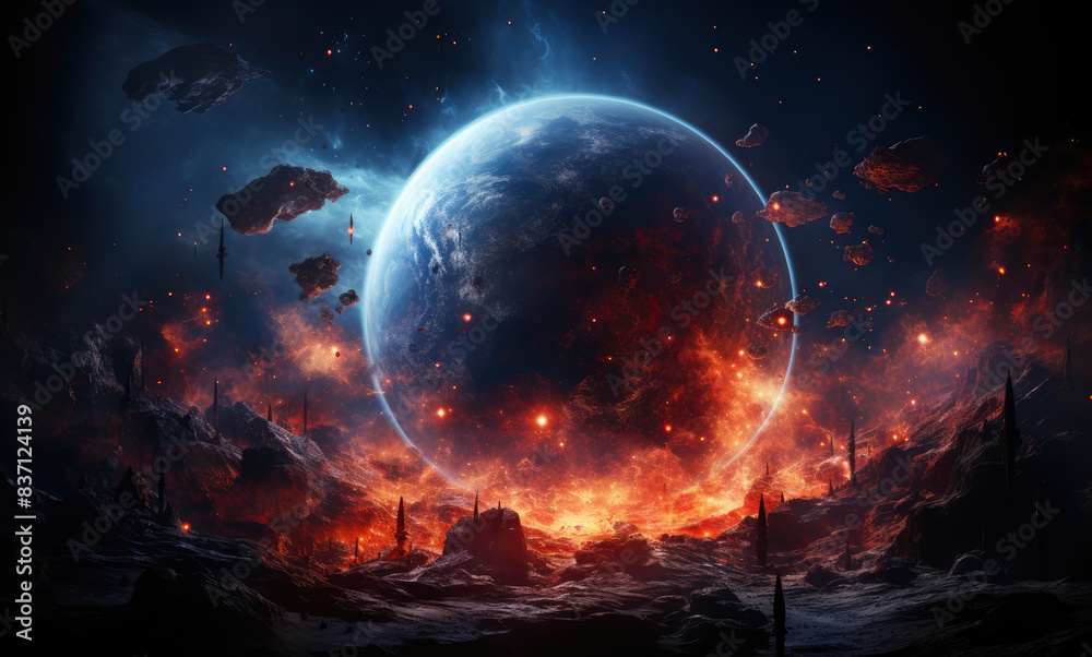 Cosmic Inferno, Visual of a Planet Engulfed in Flames Against a Starry Background, dramatic Sci-Fi Destruction Scene. Cosmic Inferno, Visual of a Planet Engulfed in Flames Against a Starry Background, dramatic Sci-Fi Destruction Scene.