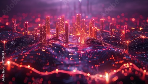 Futuristic cityscape with glowing neon lights and digital connections, representing advanced technology and innovation.