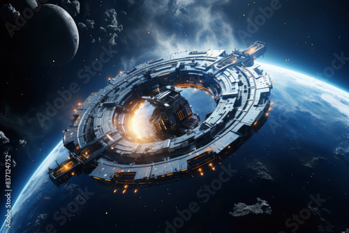 Fototapeta Naklejka Na Ścianę i Meble -  Space station futuristic in outer space with background planet earth and moon