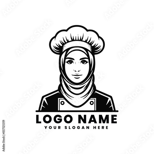 Line Art logo Muslim Female Chef with Hijab