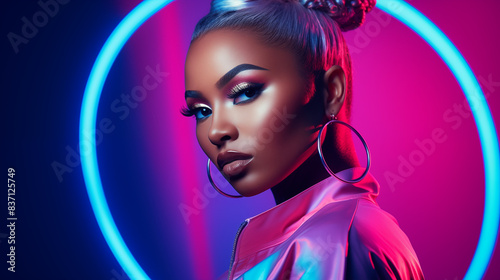 Stylish Woman in Neon Lighting with Hoop Earrings © heroimage.io