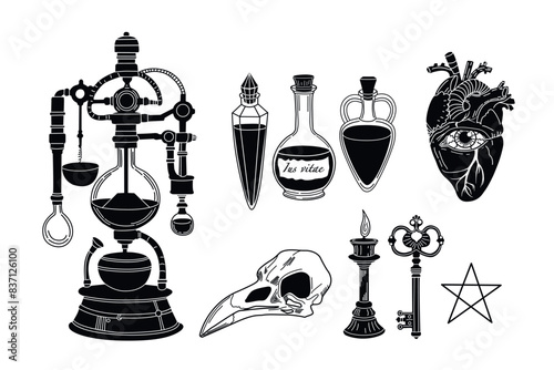 Vector illustration. Chemical reaction. Bottles 
 with elixir. Alchemical laboratory. Chemical reaction. Alchemist's equipment. Graphic arts. Heart with an eye. Set of alchemical elements. Crow Skull