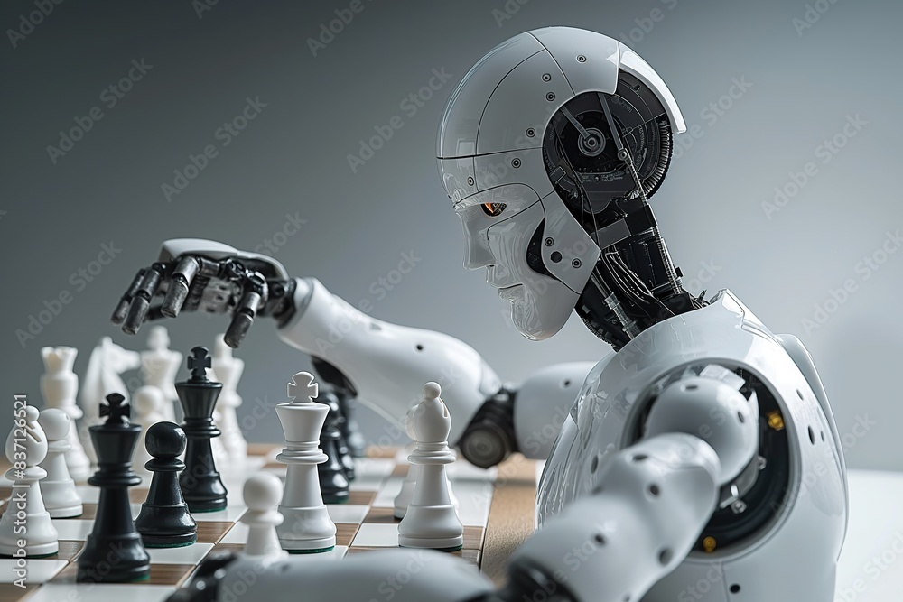 Naklejka premium A robotic chess player strategizes moves on a classic board.