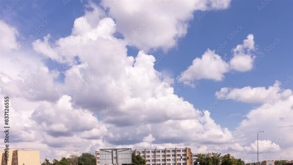 A time-lapse video captures the movement and transformation of cumulus clouds on a bright, sunny day. A time-lapse video captures the movement and transformation of cumulus clouds on a bright, sunny day.