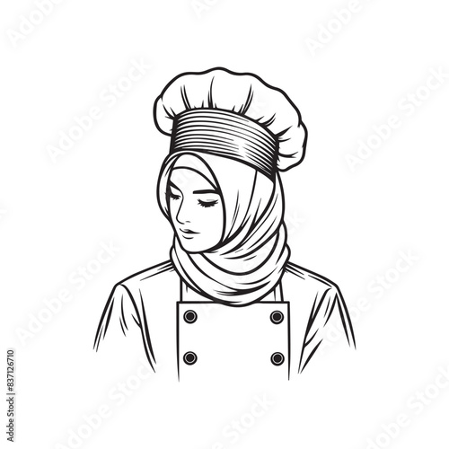 Line Art logo Muslim Female Chef with Hijab