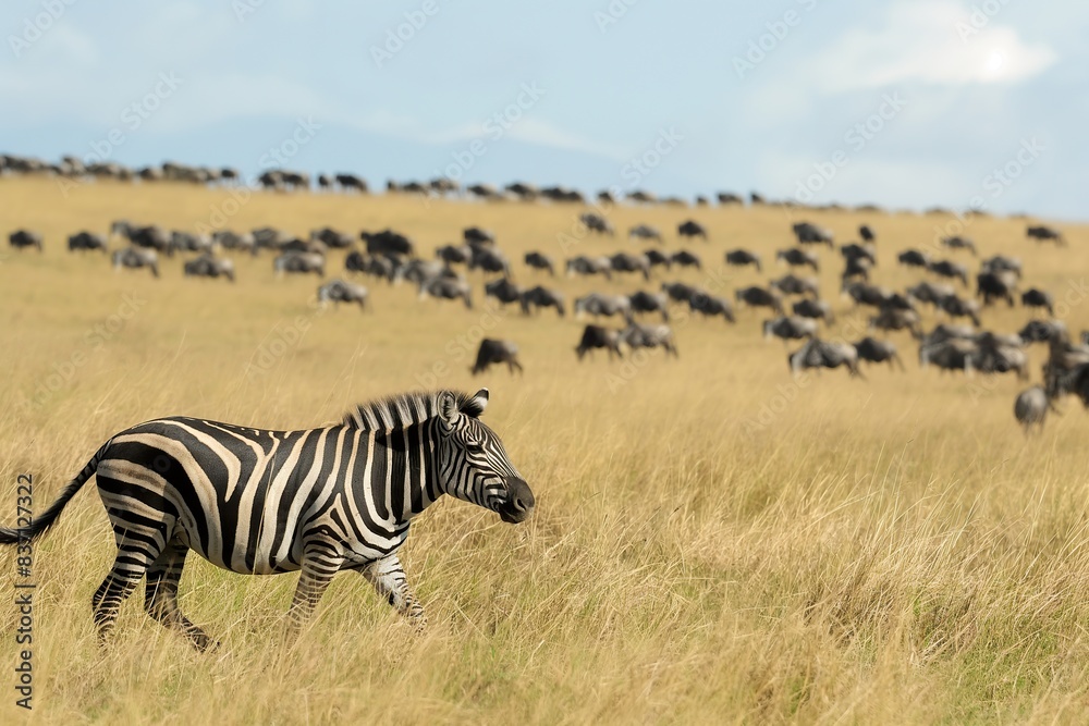 Naklejka premium A lone zebra walks through tall grass in the Kenyan savanna, with a herd of wildebeest in the distance.