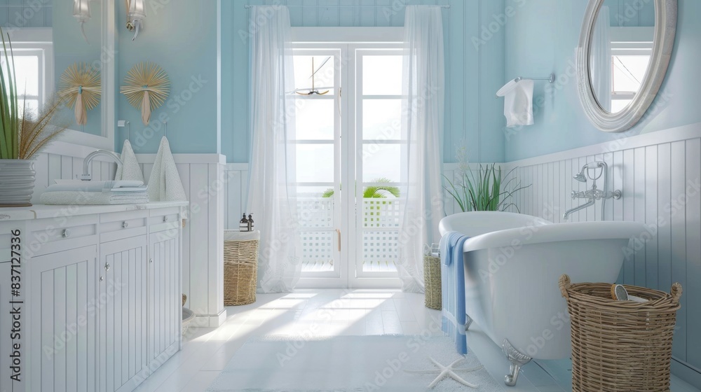 A beach-themed bathroom with light blue walls, white fixtures, and nautical decor. The design is airy and coastal. --ar 16:9 --style raw Job ID: 87c4a566-2792-4413-aebf-3f21245953f7 A beach-themed bathroom with light blue walls, white fixtures, and nautical decor. The design is airy and coastal. --ar 16:9 --style raw Job ID: 87c4a566-2792-4413-aebf-3f21245953f7