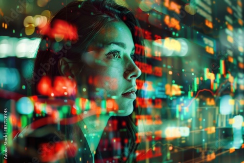 A woman is looking at a screen with a lot of numbers and lines. The image has a futuristic and technological vibe  with the woman s gaze focused on the screen