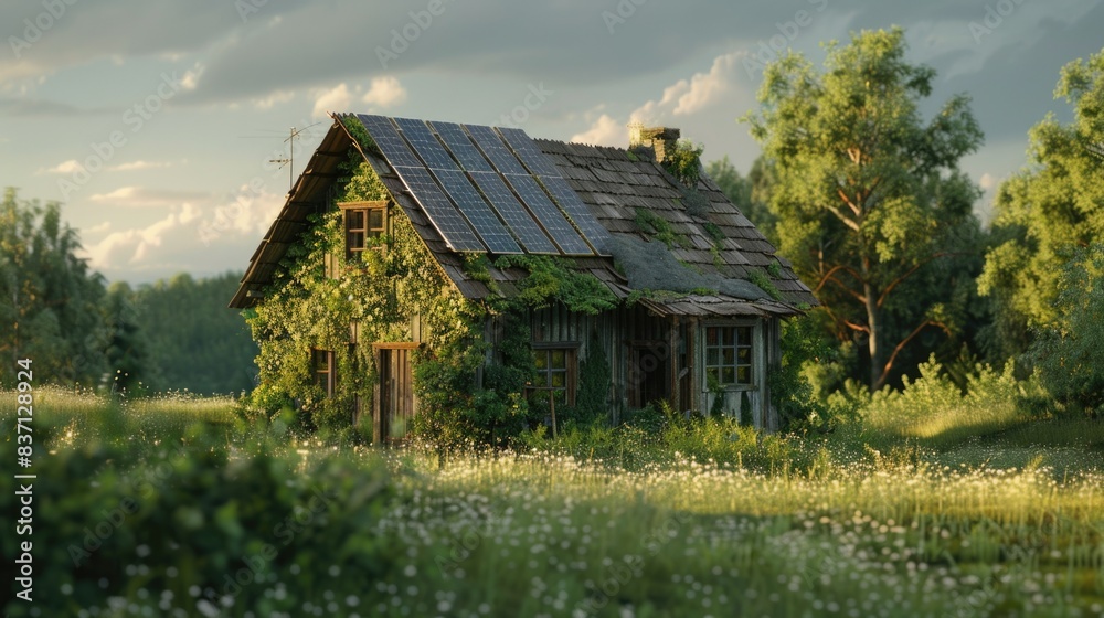 A small, old house with a lot of vines growing on it. The house is surrounded by a lush green field A small, old house with a lot of vines growing on it. The house is surrounded by a lush green field