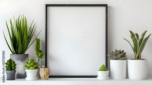 A wooden frame next to a plant on white shelf