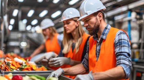 Three workers in orange vests are sorting vegetables in a factory. Scene is serious and focused  as the workers are wearing hard hats and gloves and are working with sharp objects