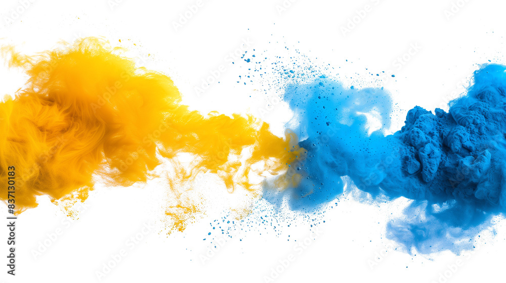 Yellow and Blue powder explosion effect isolated or on white background. PNG. AR 16:9 Yellow and Blue powder explosion effect isolated or on white background. PNG. AR 16:9
