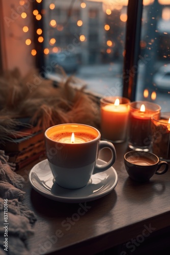 Wallpaper Mural A cup of coffee with a candle in it sits on a table next to other candles. The scene is cozy and inviting, with the warm glow of the candles creating a relaxing atmosphere Torontodigital.ca