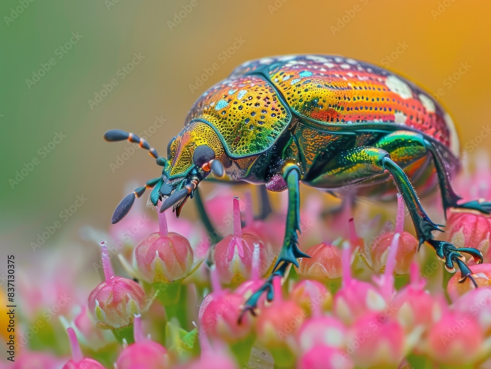 Fototapeta premium Macro shot of a beetle on a flower, the shiny carapace and intricate details clearly visible, with a soft-focus garden background