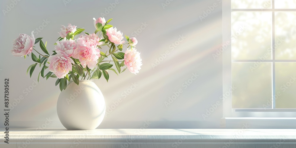 A bouquet of fresh peonies catches the serene light of day, adding a tranquil beauty to the room decor. A bouquet of fresh peonies catches the serene light of day, adding a tranquil beauty to the room decor.