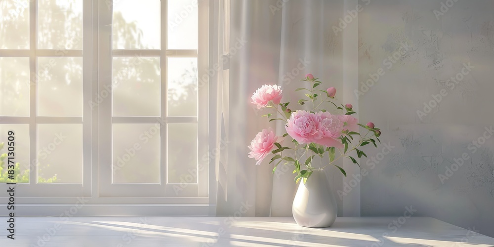 Morning's soft sunlight bathes pink peonies in a transparent vase by the window, signaling the fresh bloom of spring. Morning's soft sunlight bathes pink peonies in a transparent vase by the window, signaling the fresh bloom of spring.