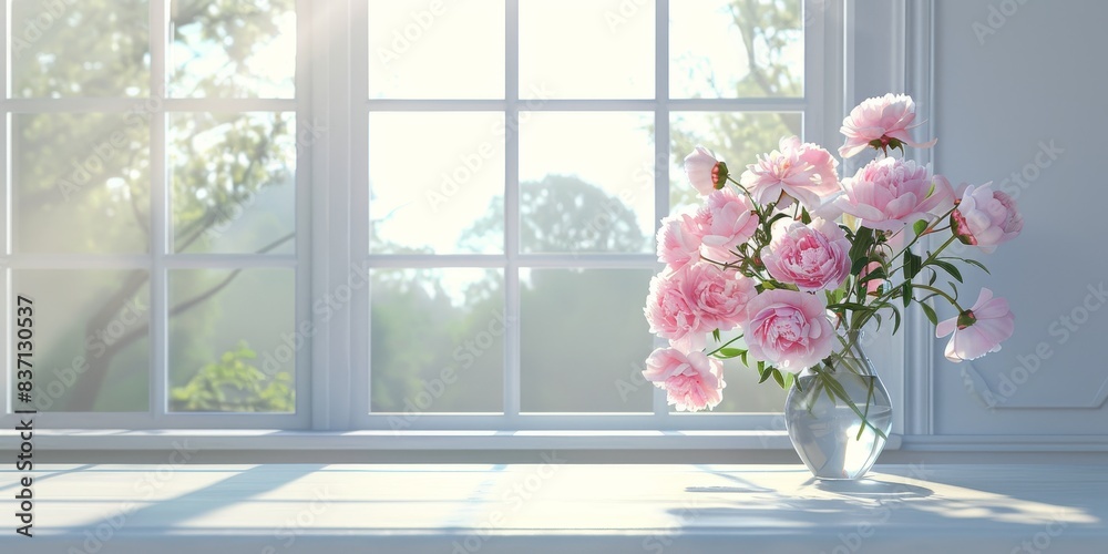 Freshly cut peonies in a vase shimmer in the sunlight, adding a splash of natural beauty to the indoor space. Freshly cut peonies in a vase shimmer in the sunlight, adding a splash of natural beauty to the indoor space.