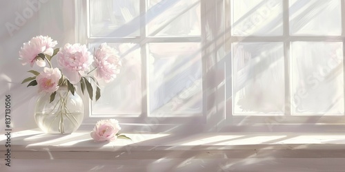 A sunny window sill is the perfect spot for a vase of blooming peonies  their petals reflecting the morning light.