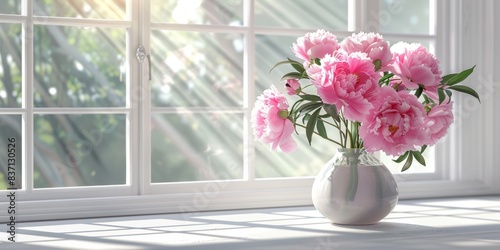 A chic arrangement of pink peonies in a vase fills the room with vibrant color and a touch of sophistication.