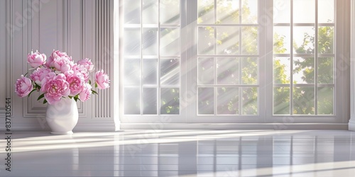 Fototapeta Naklejka Na Ścianę i Meble -  Elegant peonies catch the tranquil morning light, their blooms adding a peaceful grace to the home decor.