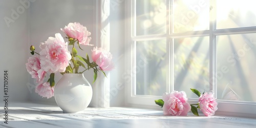Fresh peonies in a vase on the window sill, bathed in sunlight, add a vibrant touch of floral decor to the home.
