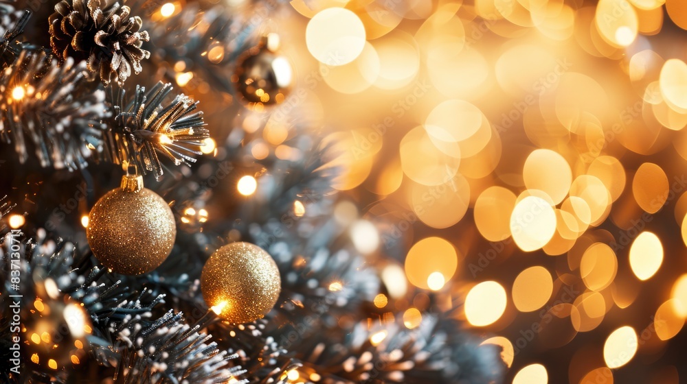 A Christmas tree with gold ornaments and lights A Christmas tree with gold ornaments and lights