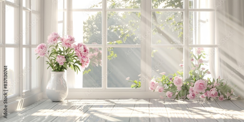 Sunlit peonies in a vase spread a tranquil and fresh atmosphere, perfect for a bright and elegant morning.