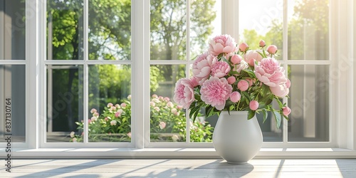 The bright, serene light of the morning highlights a vase of peonies, their freshness bringing life to the room.