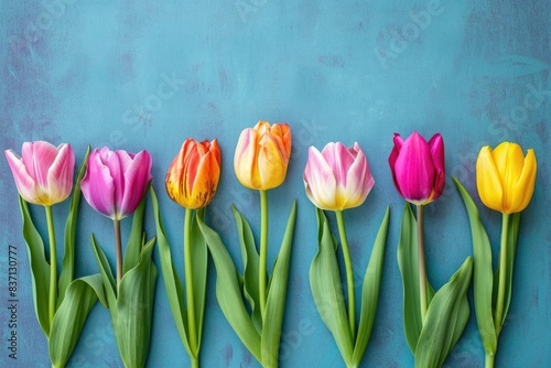 A row of flowers with different colors  including pink  yellow  and orange. The flowers are arranged in a line  with some overlapping each other. Scene is cheerful and vibrant