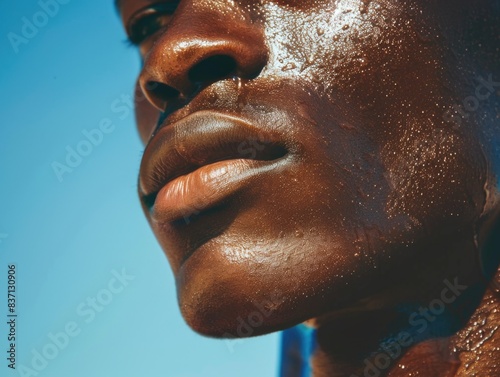 A man with a tan face and a blue sky background. The man has a lot of sweat on his face