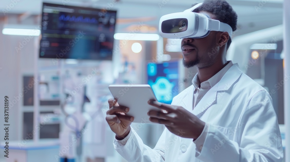 Black medical professional in a white coat engages with patients via a digital healthcare system. Black medical professional in a white coat engages with patients via a digital healthcare system.