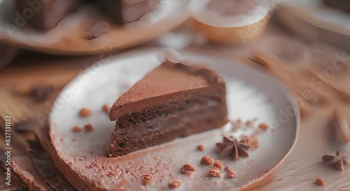 Delicious Homemade Chocolate Cake Slice on Plate, Tempting Dessert Table Setting	
 photo