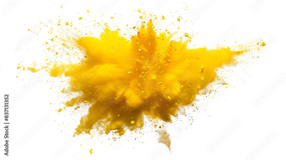 Yellow powder explosion effect isolated or on white background. PNG. AR 16:9 Yellow powder explosion effect isolated or on white background. PNG. AR 16:9