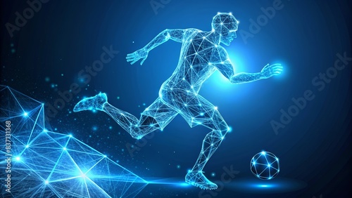 Futuristic Digital Illustration of a Soccer Player in Motion with Glowing Blue Lines and Geometric Shapes on a Dark Background