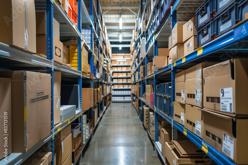 Detailed and organized storage area filled with sturdy shelves and labeled boxes in a modern warehouse. Efficient inventory management concept