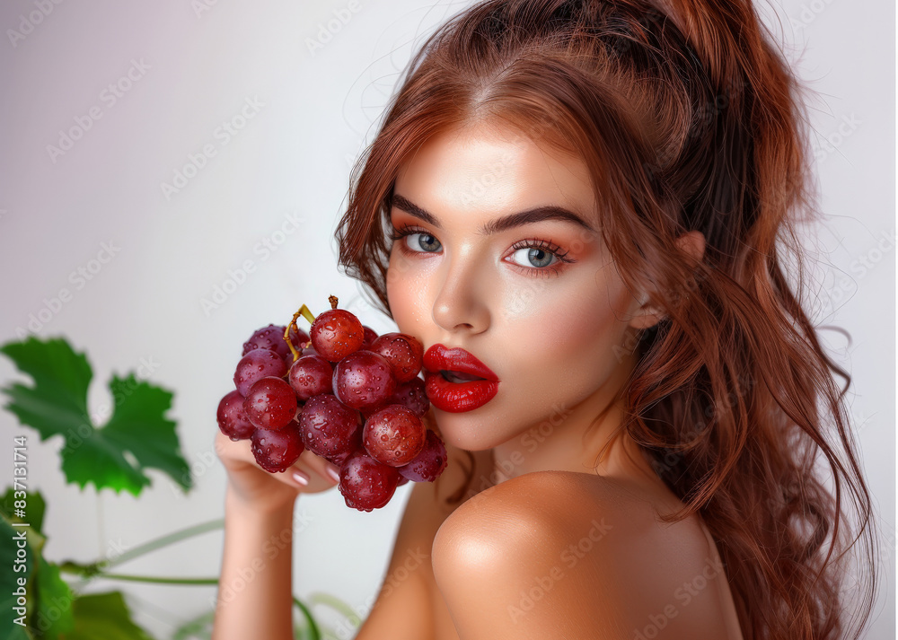 Woman with red lips holding bunch of grapes close to her face, water drops on grapes add freshness Woman with red lips holding bunch of grapes close to her face, water drops on grapes add freshness