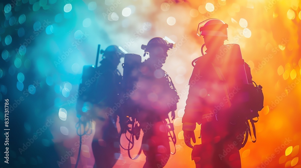 Rescue squad close up, focus on, copy space colorful palette, Double exposure silhouette with emergency workers, Rescue squad close up, focus on, copy space colorful palette, Double exposure silhouette with emergency workers,