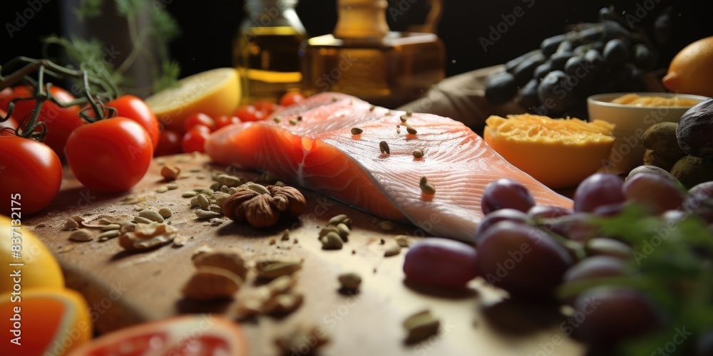 A table with a variety of fruits and vegetables, including salmon, tomatoes, and grapes. The table is set for a healthy meal A table with a variety of fruits and vegetables, including salmon, tomatoes, and grapes. The table is set for a healthy meal