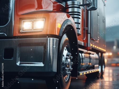 A red semi truck with its headlights on photo