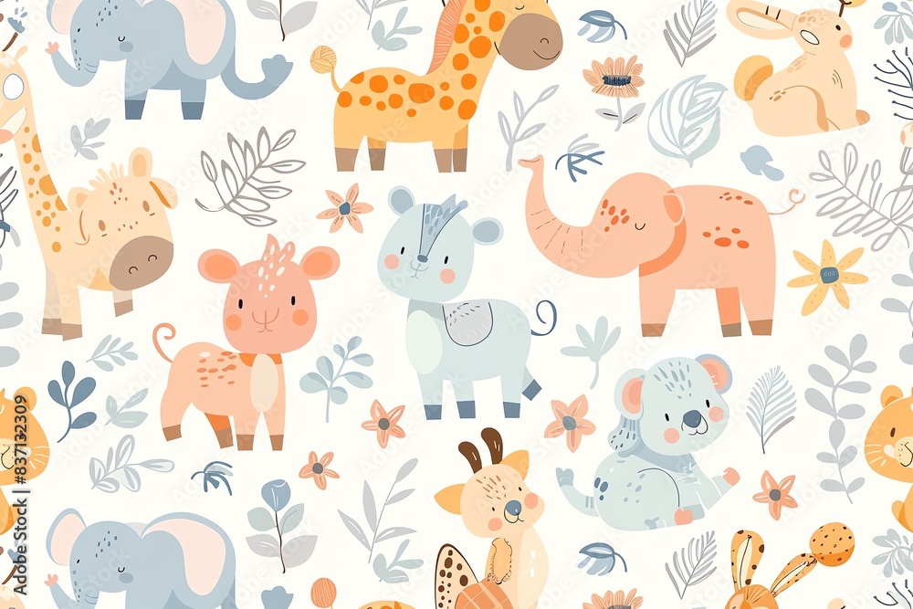 Cute animal illustrations in pastel tones creating a seamless wallpaper pattern Gentle light, medium shot, whimsical feel Cute animal illustrations in pastel tones creating a seamless wallpaper pattern Gentle light, medium shot, whimsical feel