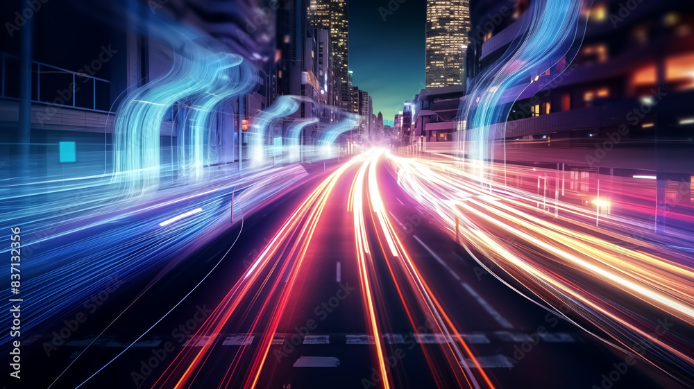 Fototapeta premium Long exposure photograph of city streets at night with colorful light trails from moving vehicles. Urban speed and motion concept for posters and prints