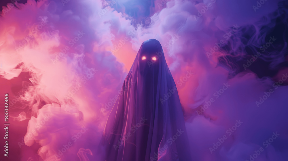 A ghostly figure with glowing red eyes shrouded in mist against a vibrant pink and blue background A ghostly figure with glowing red eyes shrouded in mist against a vibrant pink and blue background