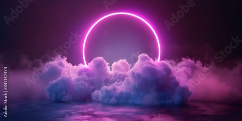 Glowing Neon Violet Light Ring Surrounding Abstract Cloud on Dark Background. Concept Photography, Neon Light, Violet, Abstract, Dark Background