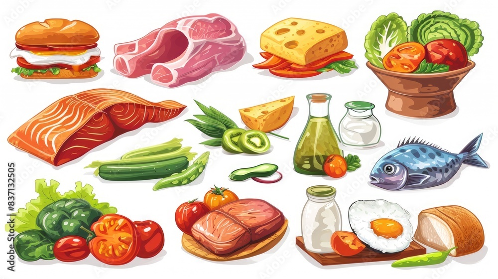 A collection of food items including vegetables, fruits, and meats. The image conveys a healthy and balanced diet A collection of food items including vegetables, fruits, and meats. The image conveys a healthy and balanced diet