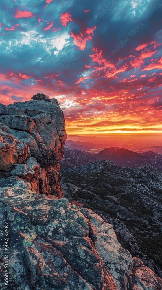 Fototapeta premium A breathtaking sunrise view from the peak, with vibrant colors splashing the sky, after a challenging morning hike.
