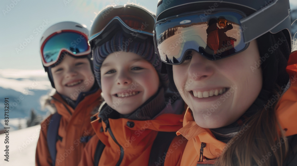 A woman and two children are smiling and wearing orange jackets and goggles. They are posing for a picture on a snowy mountain A woman and two children are smiling and wearing orange jackets and goggles. They are posing for a picture on a snowy mountain